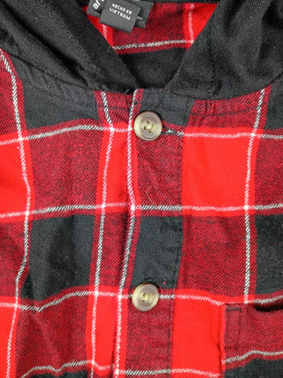 Art Class Men’s XL Red Black Plaid Hooded Flannel Button Up Long Sleeve Shirt