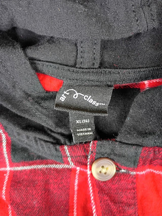 Art Class Men’s XL Red Black Plaid Hooded Flannel Button Up Long Sleeve Shirt