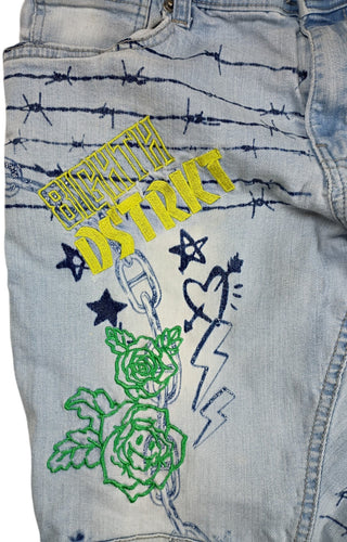 Dstrkt Denim Jeans Mens Blue Light Wash Skinny Distressed Embroidered Size 32x32
