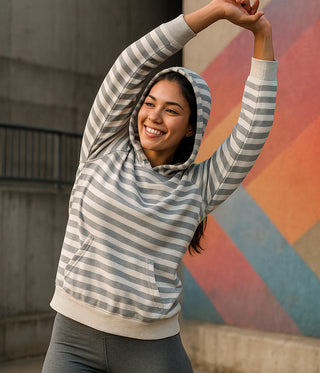 Bibi Women’s Gray & White Striped Hoodie with pockets SIZE M