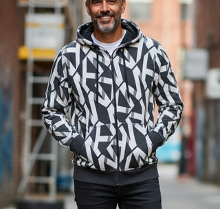 Michael Kors Hooded Jacket Men’s Black White Geometric Full Zip Size L