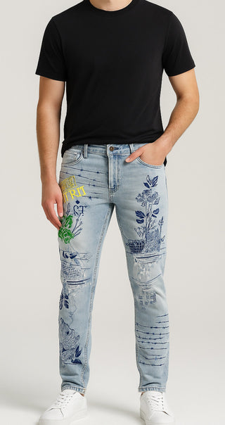 Dstrkt Denim Jeans Mens Blue Light Wash Skinny Distressed Embroidered Size 32x32