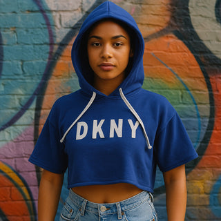 VINTAGE DKNY Women’s Cropped Short Sleeve Pullover Hoodie Blue Size S