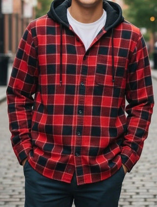 Art Class Men’s XL Red Black Plaid Hooded Flannel Button Up Long Sleeve Shirt